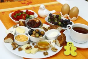 Traditional Turkish breakfast with baklava and delight in Istanbul