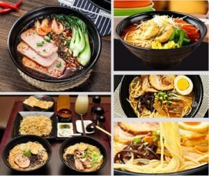 Fresh sushi platter at Tsukiji Market and ramen bowl in Shinjuku, Tokyo