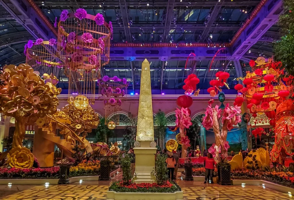 Floral displays at Bellagio Conservatory, peaceful and colorful things to do in Las Vegas.