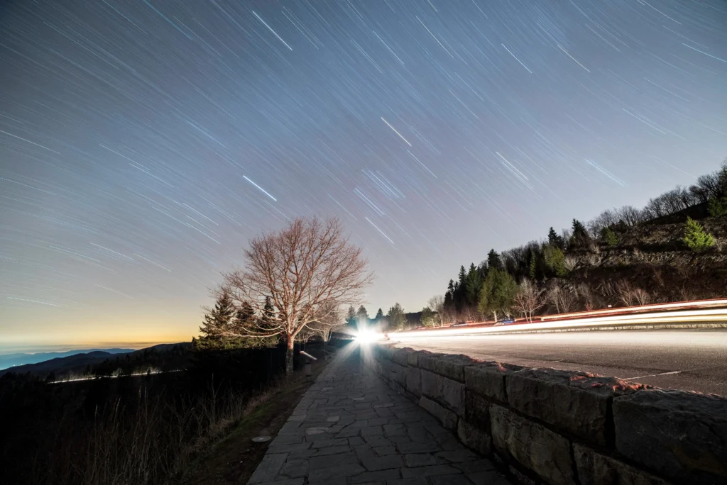 Cozy cabin view in Gatlinburg Tennessee surrounded by snowy Smoky Mountains