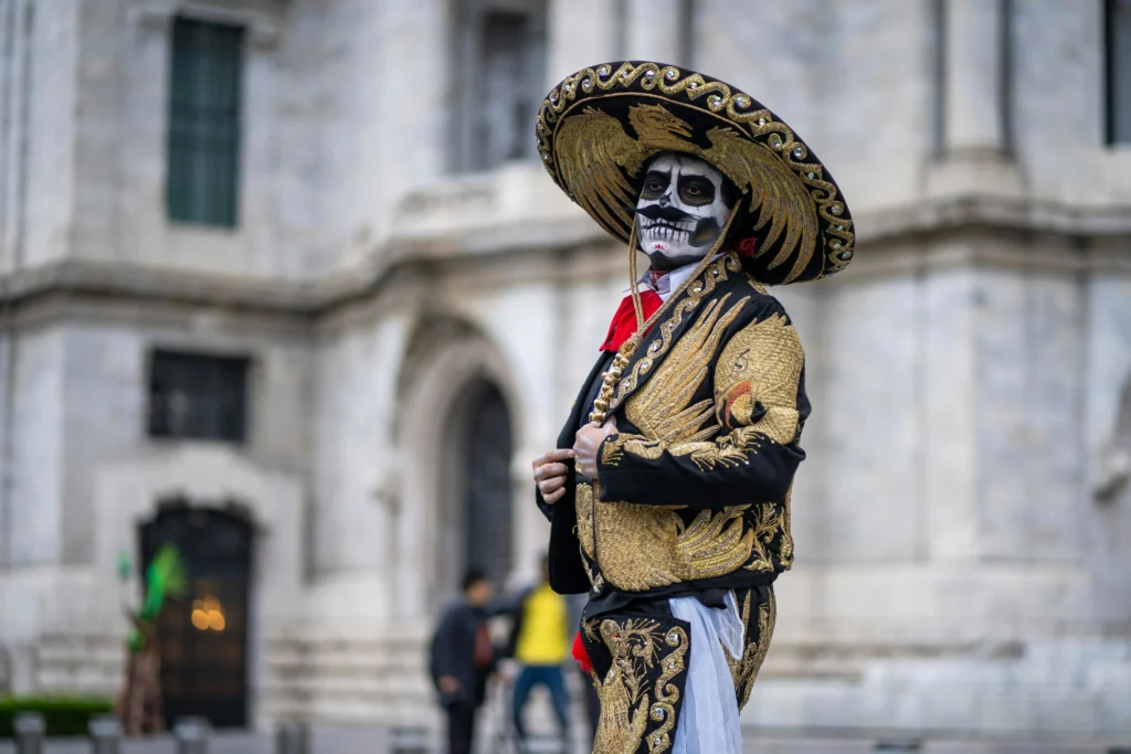 Mariachi singer dressed in traditional Dia de los Muertos costume in Mexico